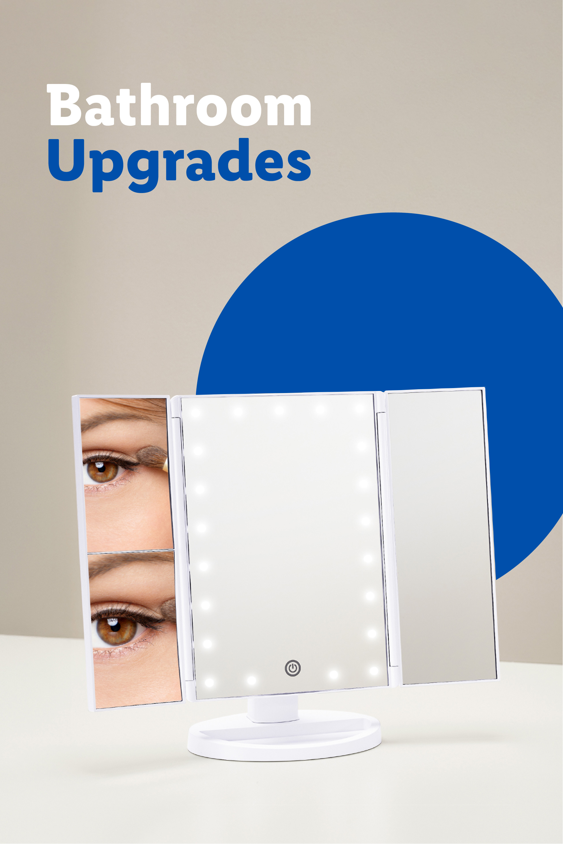 Bathroom Upgrades: A white tri-fold makeup mirror with LED lights and magnified panels.