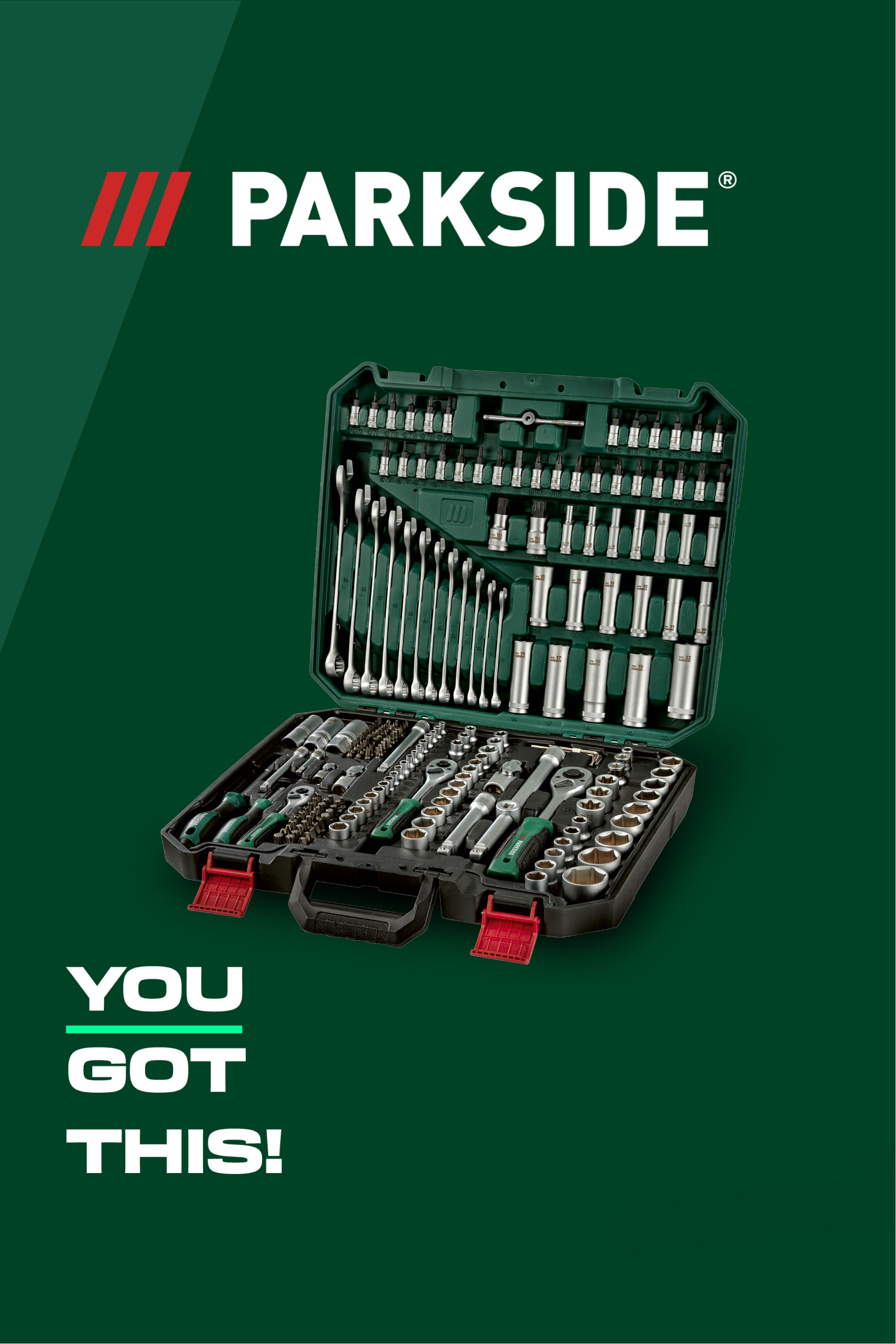 A large tool kit with wrenches, sockets, and screwdriver bits, with the text 'YOU GOT THIS!'