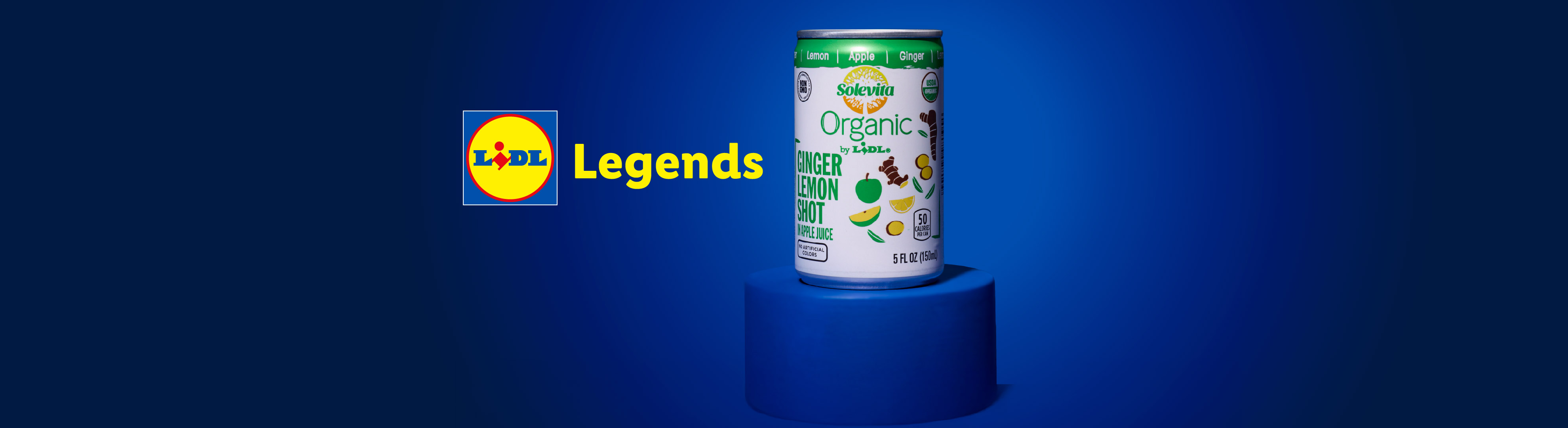 Organic ginger lemon shot on a blue background with 'Lidl Legends' text.