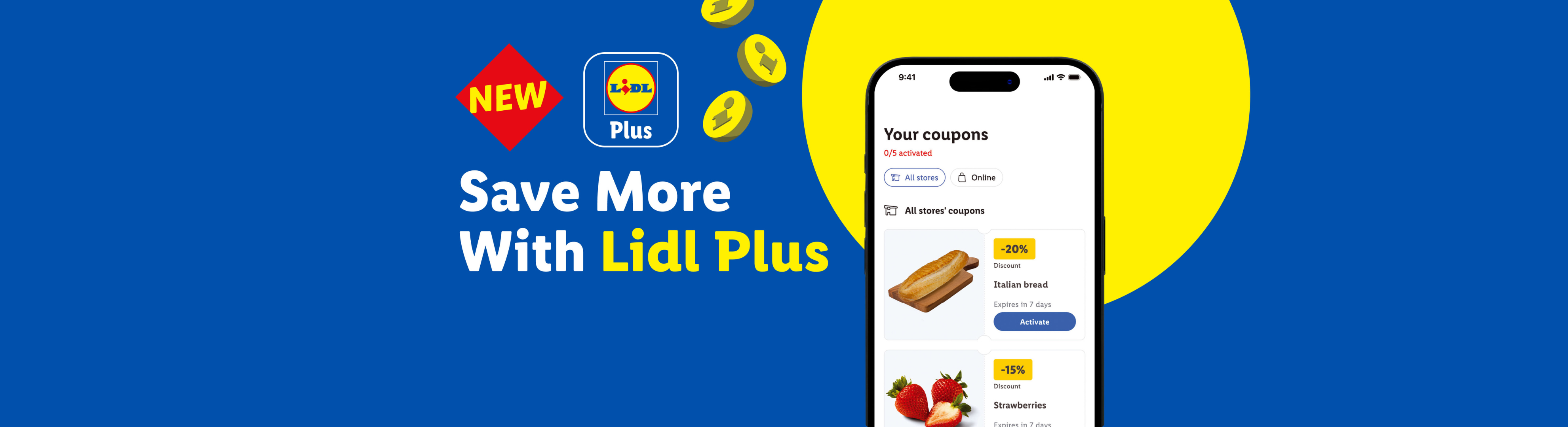 Mobile app displaying coupons for Italian bread and strawberries, promoting savings.