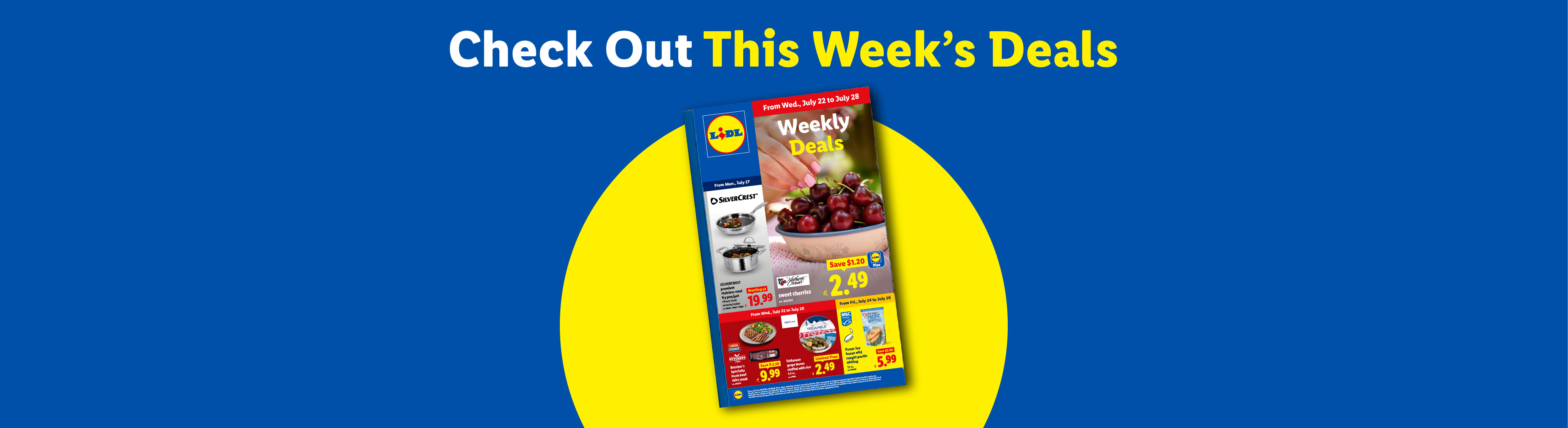 Lidl weekly deals flyer featuring cherries, cookware, and meat, with the text 'Check Out This Week's Deals'.
