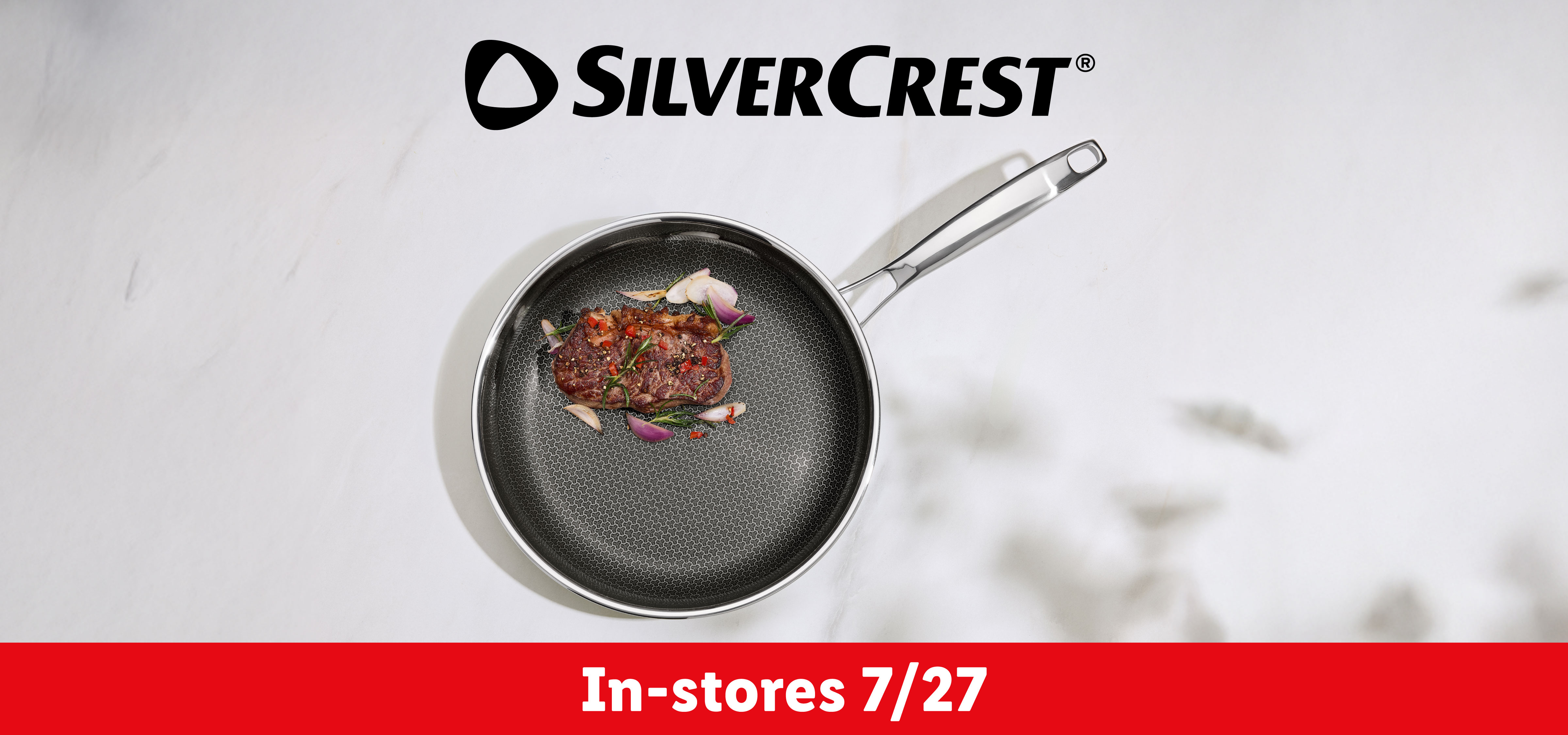Frying pan with steak, onions, and rosemary, with a red banner stating 'In-stores 7/27'.