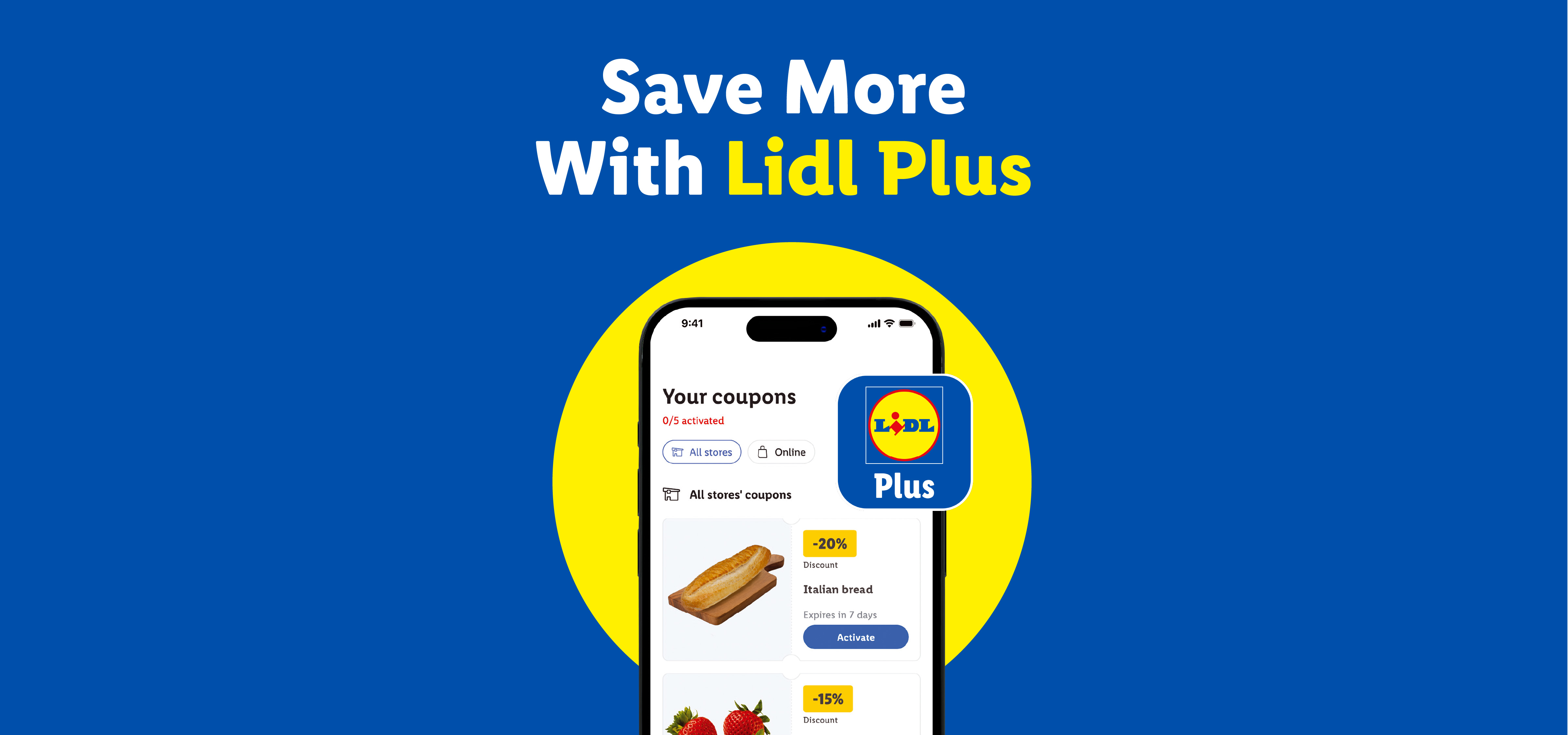 Mobile app showing coupons for Italian bread, with text 'Save More With Plus'.