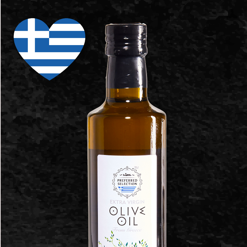 Bottle of extra virgin olive oil from Greece with a Greek flag heart icon.