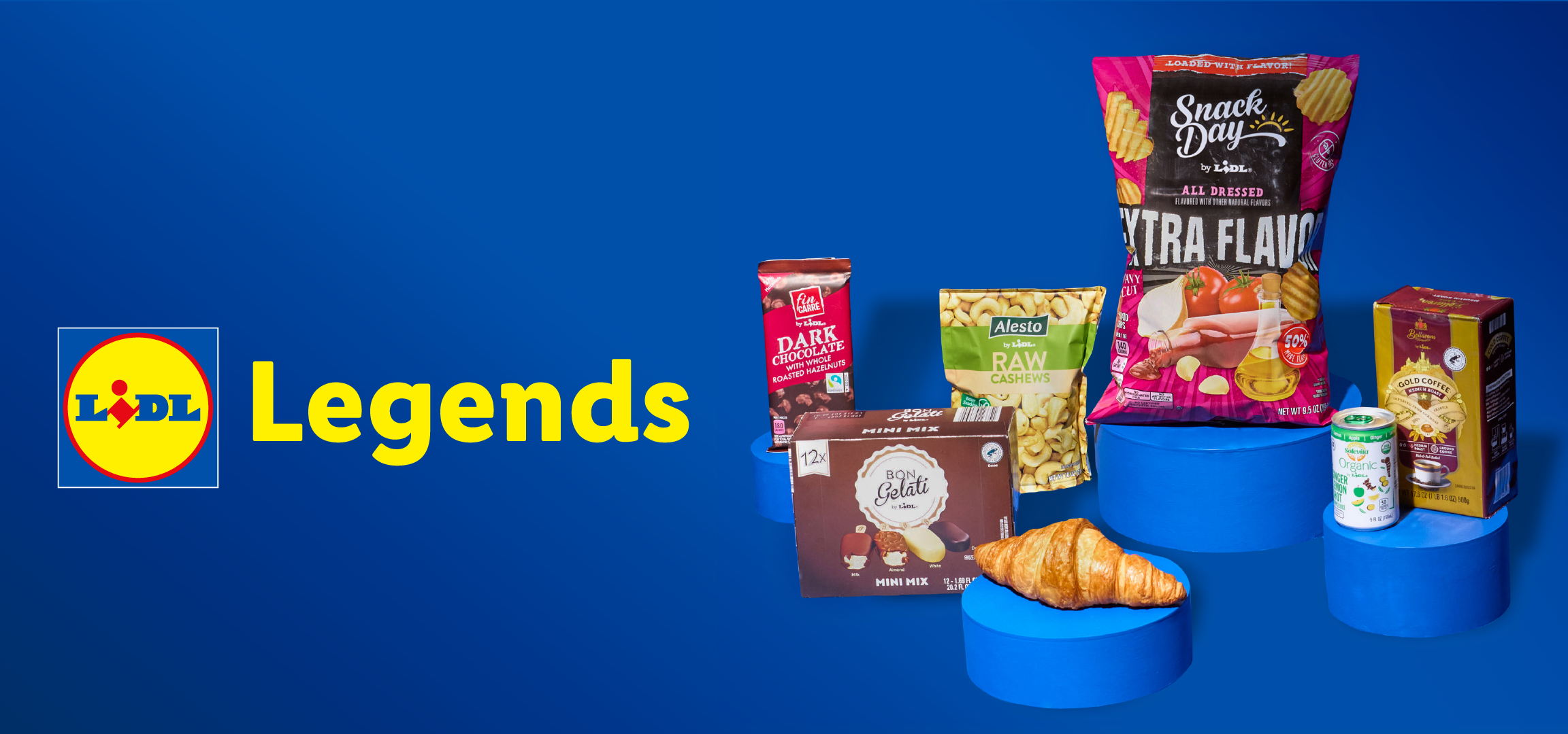 Lidl logo and 'Legends' text with snacks, chocolate, nuts, coffee, and a croissant.