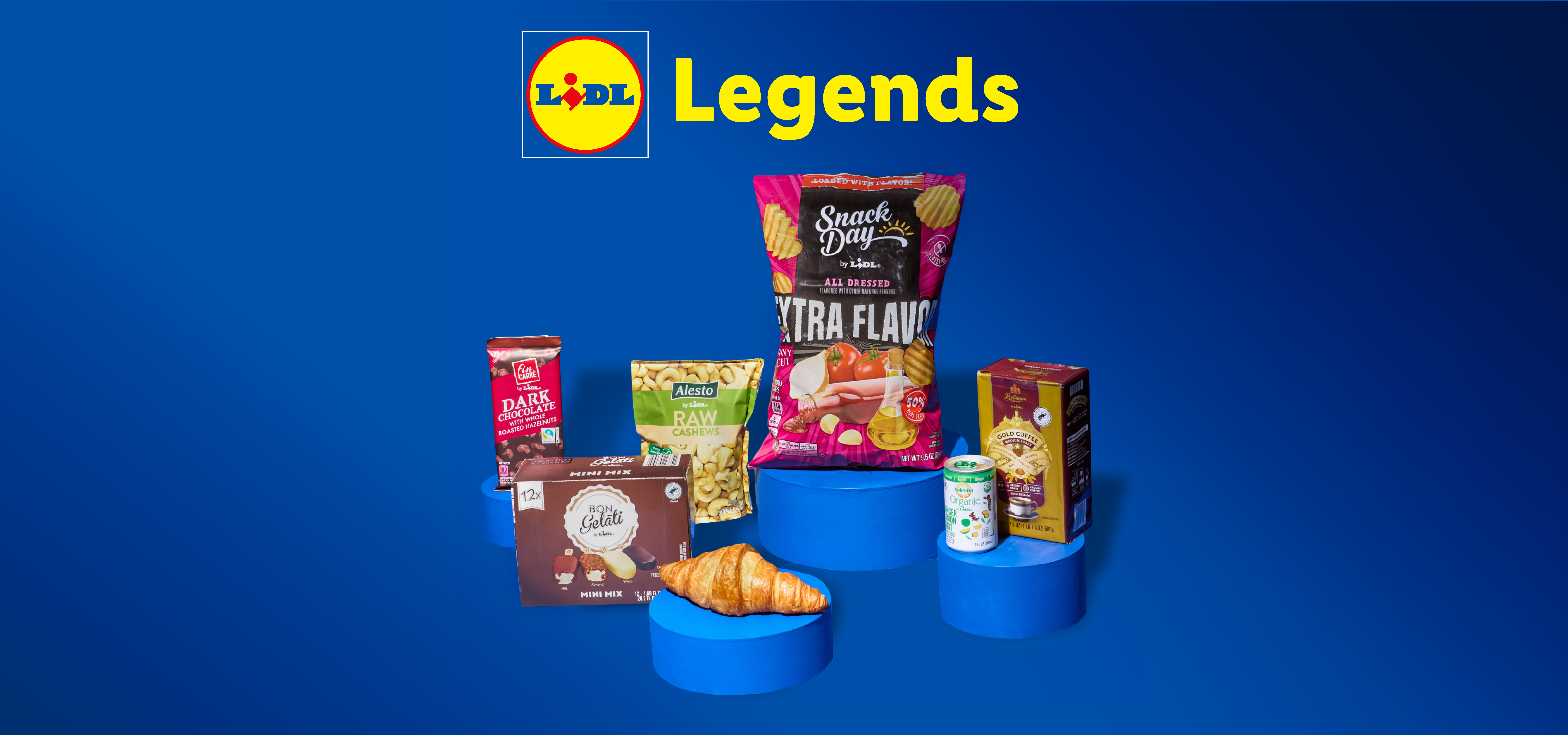 Lidl logo and 'Legends' text with snacks, chocolate, nuts, coffee, and a croissant.