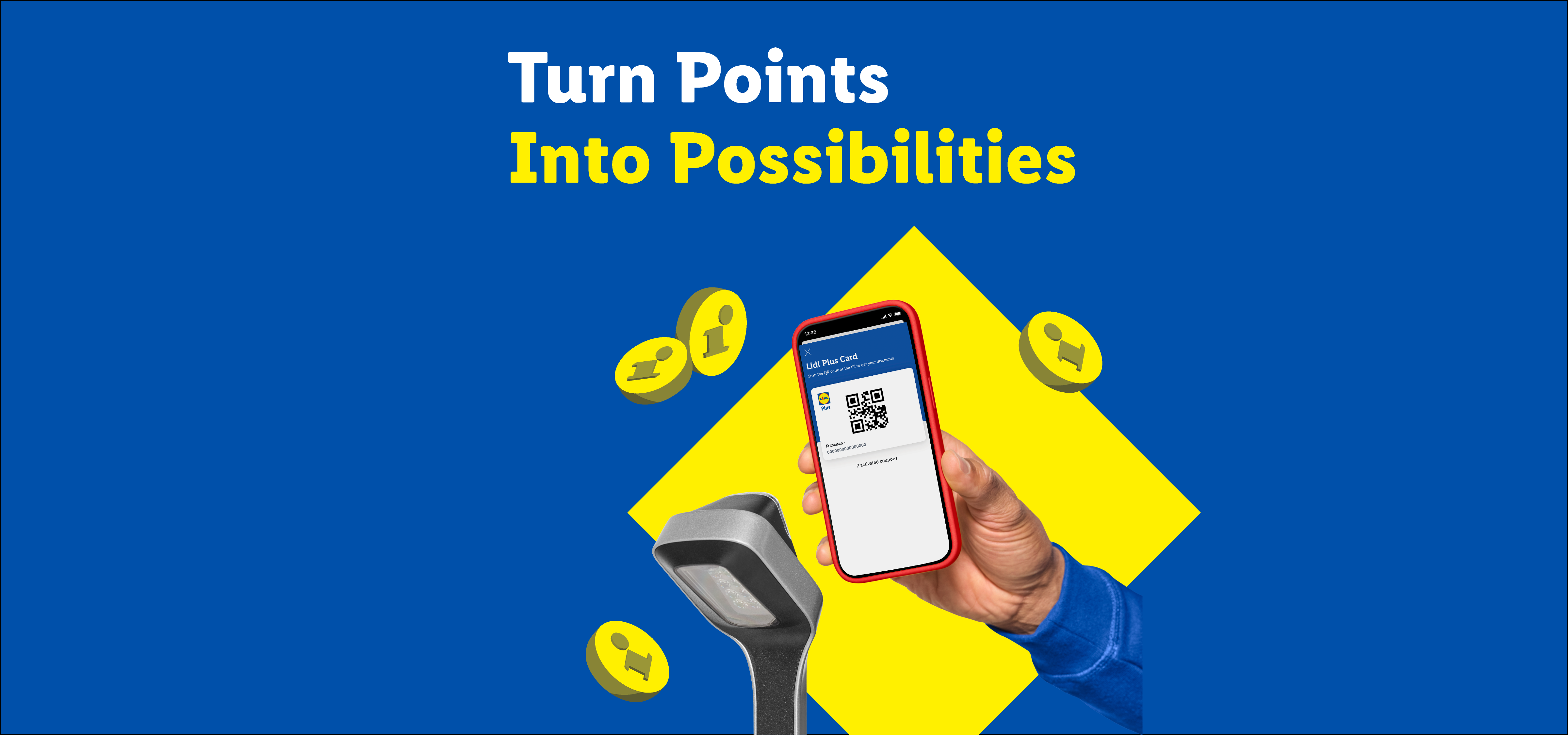 A phone displaying a loyalty card with a QR code being scanned, with text 'Turn Points Into Possibilities'.