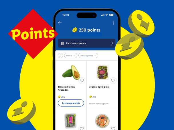 Mobile app displaying points for avocados and organic spring mix, with 'Points' text and coin graphics.