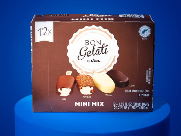 Box of 12 mini gelato bars in milk, almond, white, and dark chocolate flavors.