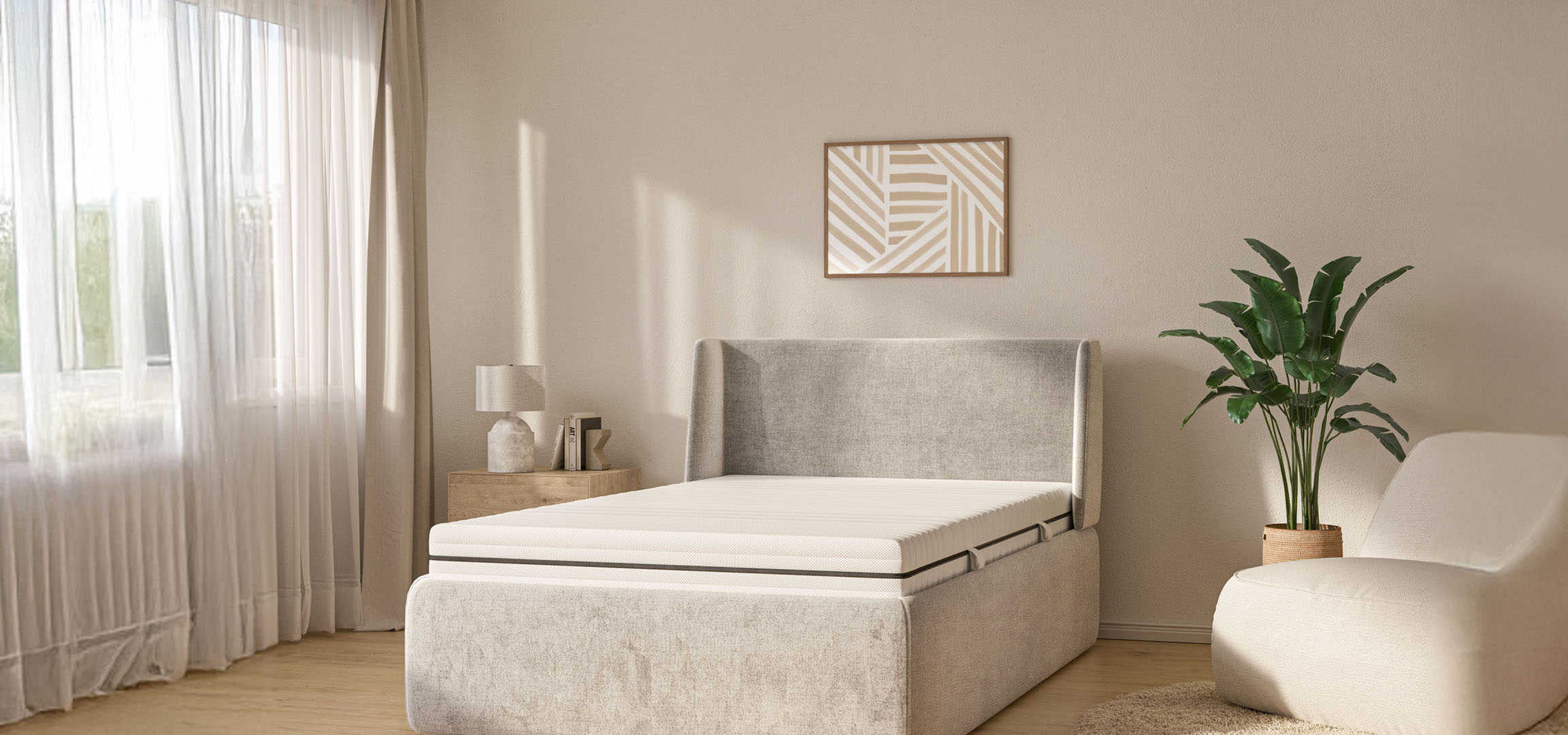 Cama minimalista com armazenamento e poltrona.